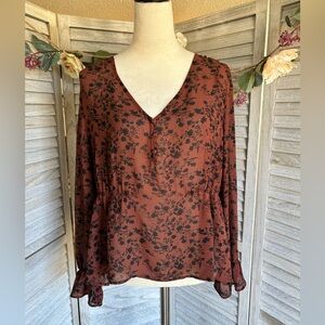 NORDSTROM RACK Women’s SZ XL Rustic Brown Long Sleeve Blouse Black Ditsy Floral